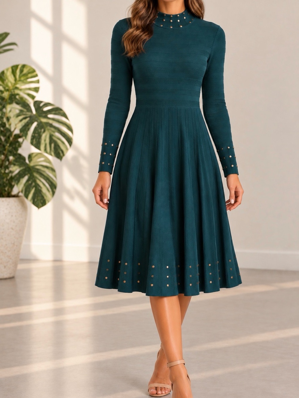 Long Sleeve Teal Fit-and-Flare Midi Dress with Stud Detail